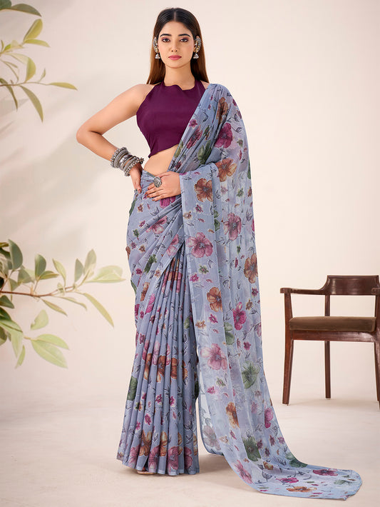 Grey Color Floral Viscose Lurex Brasso Saree