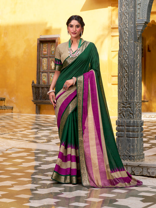 Green Color Printed With Zari Weaving Work Poly Cotton Saree