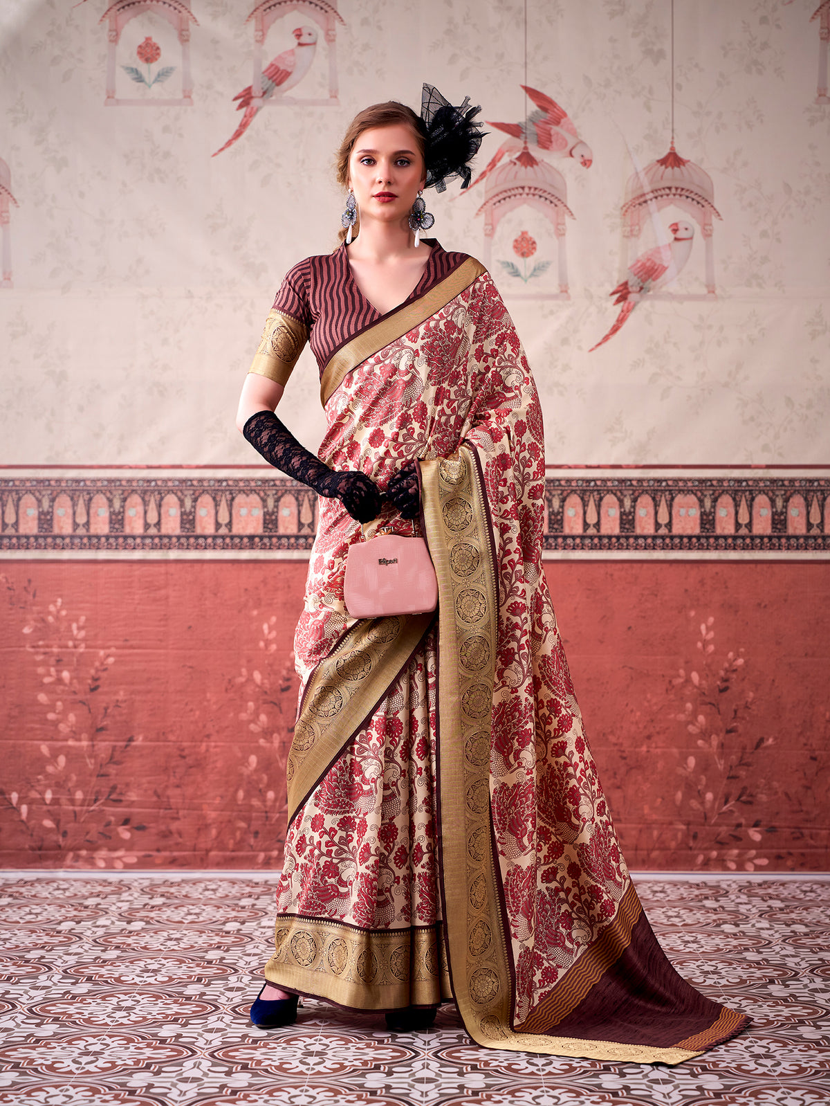Pink Color Printed With Viscose Border Tasar Silk Saree