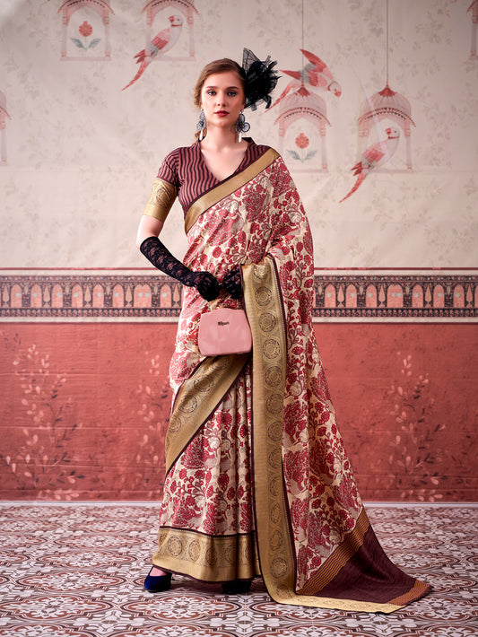Pink Color Printed With Viscose Border Tasar Silk Saree