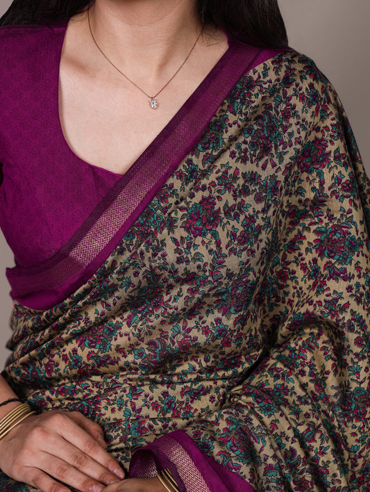 Wine Color Printed With Zari Weaving Work Polyester Viscose Chanderi Saree