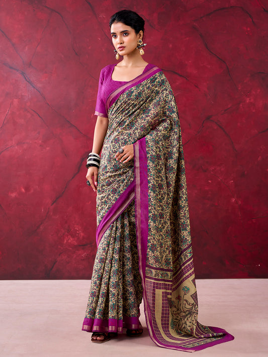 Wine Color Printed With Zari Weaving Work Polyester Viscose Chanderi Saree