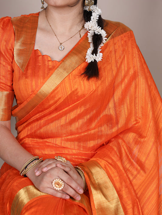 Orange Color Zari weaving Work Raw Silk Saree