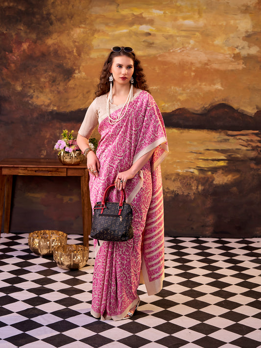 Pink Color Printed Tasar Silk Saree