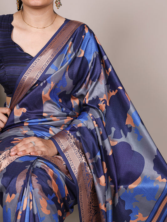 Blue Color Tasar Silk Printed Saree