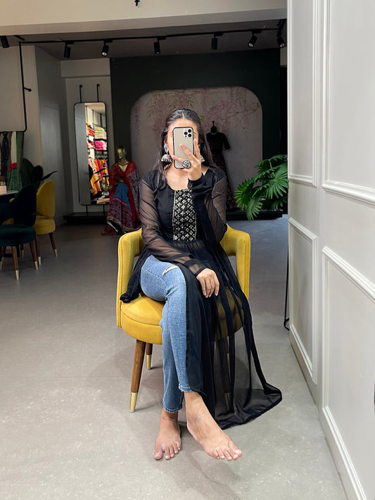 Black Color Sequins Embroidery Work Georgette Kurti