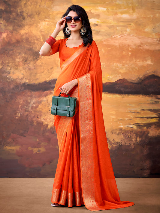 Orange Color Zari Weaving Work Mass Mello Saree