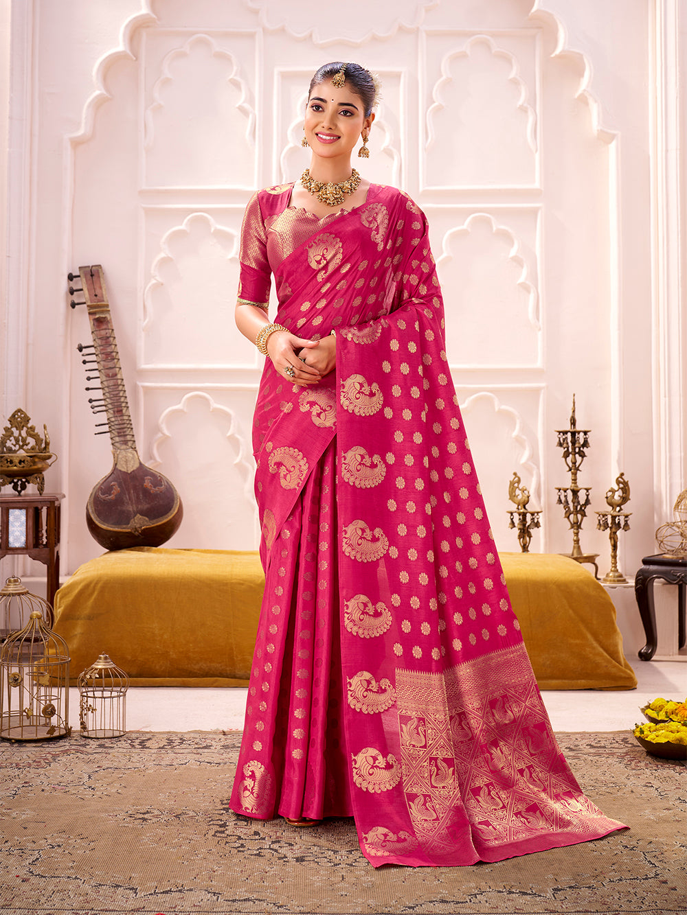Pink Color Zari Weaving Work Roop Silk Saree