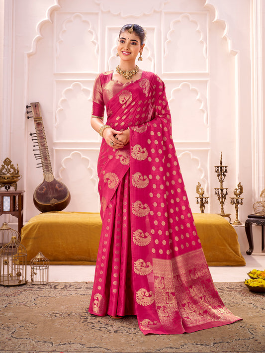 Pink Color Zari Weaving Work Roop Silk Saree