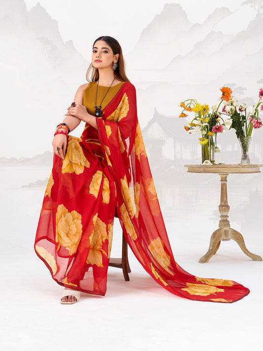 Red Color Floral Print with Lace Border Chiffon Saree