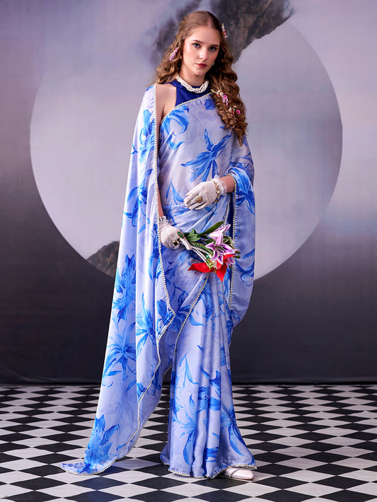 Sky Blue Color Satin Silk Saree