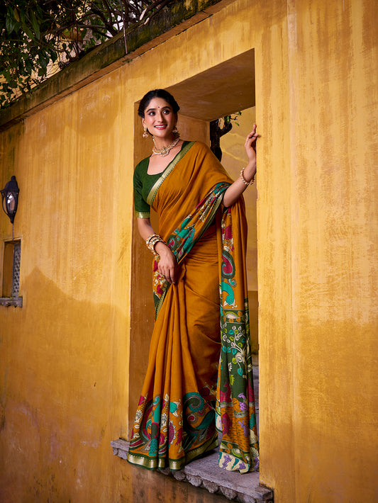 Mustard Color Kalamkari Print With Zari Weaving Work Polyester Viscose Chanderi Saree