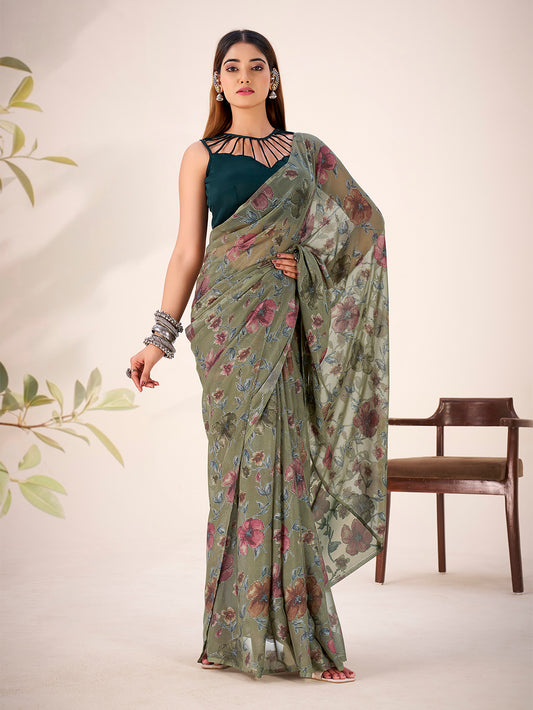 Mehendi Color Floral Viscose Lurex Brasso Saree