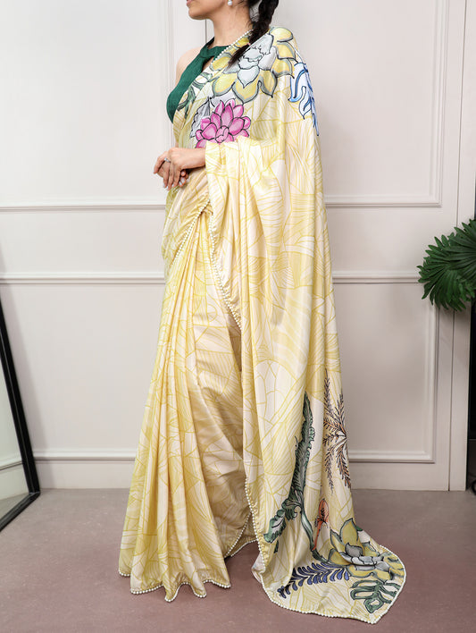 Lemon Color Printed Fancy Saree