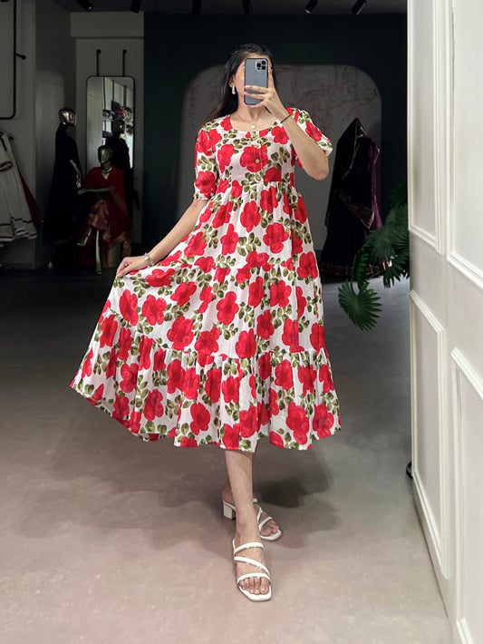 Red Color Printed Vichitra Silk Fancy Gown