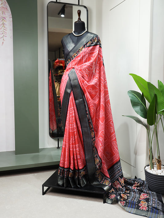 Salmon Color Printed With Zari Border Dola Silk Festive Wear Saree