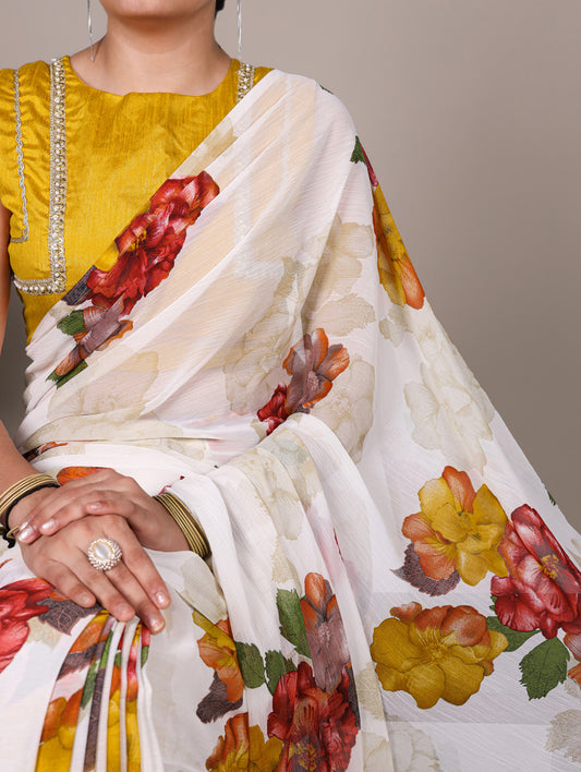 White Color Floral Printed Chiffon Saree