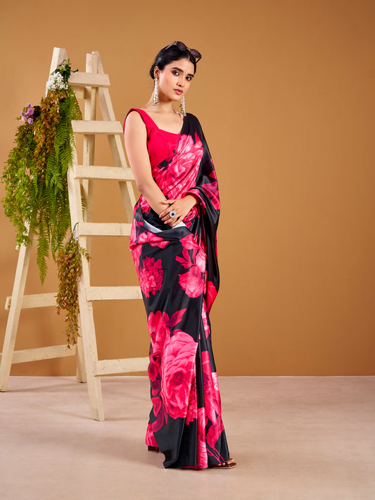 Pink Color Floral Printed Satin Silk Saree