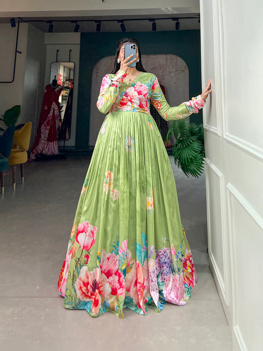 Parrot Color Floral Printed Tussar Silk Dress