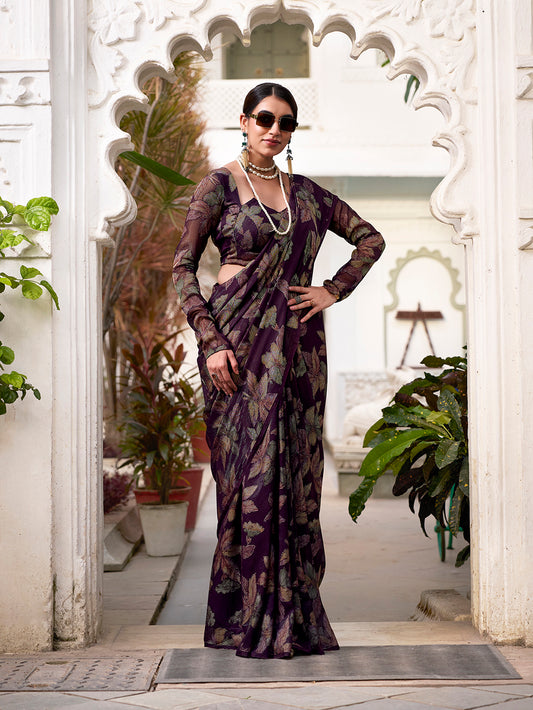 Wine Color Floral Viscose Lurex Brasso Saree
