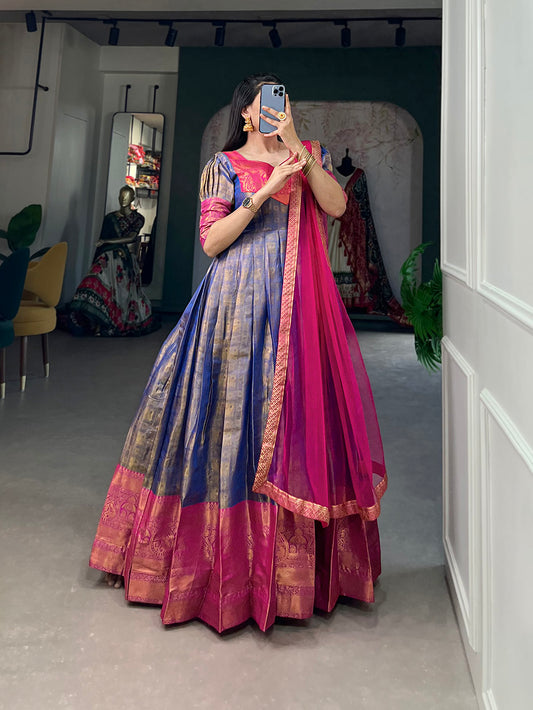 Blue Color Zari Weaving Work Kanjivaram South Collection Dress