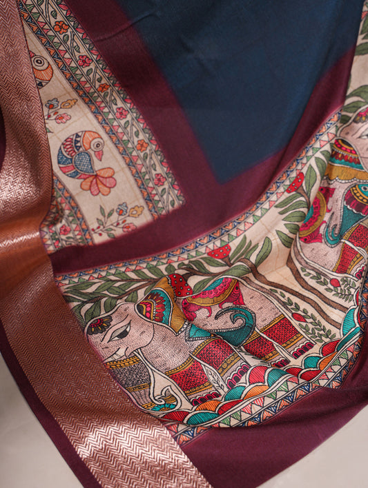 Prussion Color Printed Tussar Silk With Viscose Border Saree