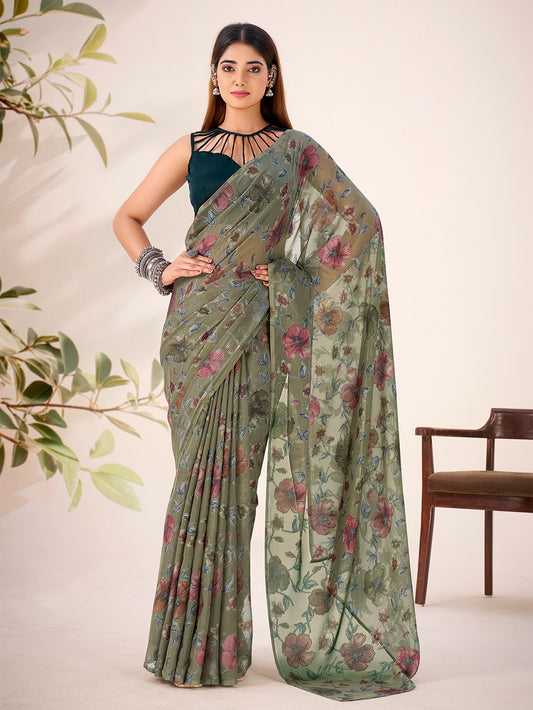 Mehendi Color Floral Viscose Lurex Brasso Saree