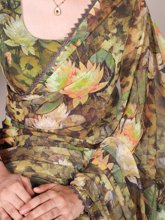 Mehandi Color Floral Printed With Lace Border Weightless Marbal Saree