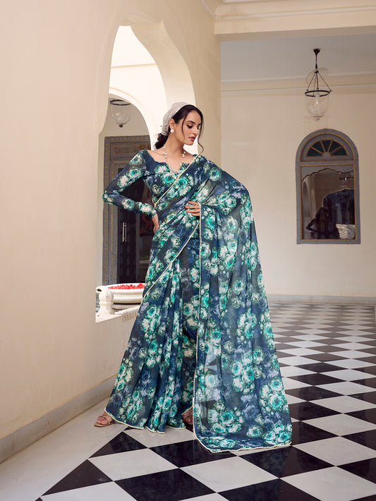 Navy Blue Color Floral Printed With Peral Lace Border Weightless Marbal Saree