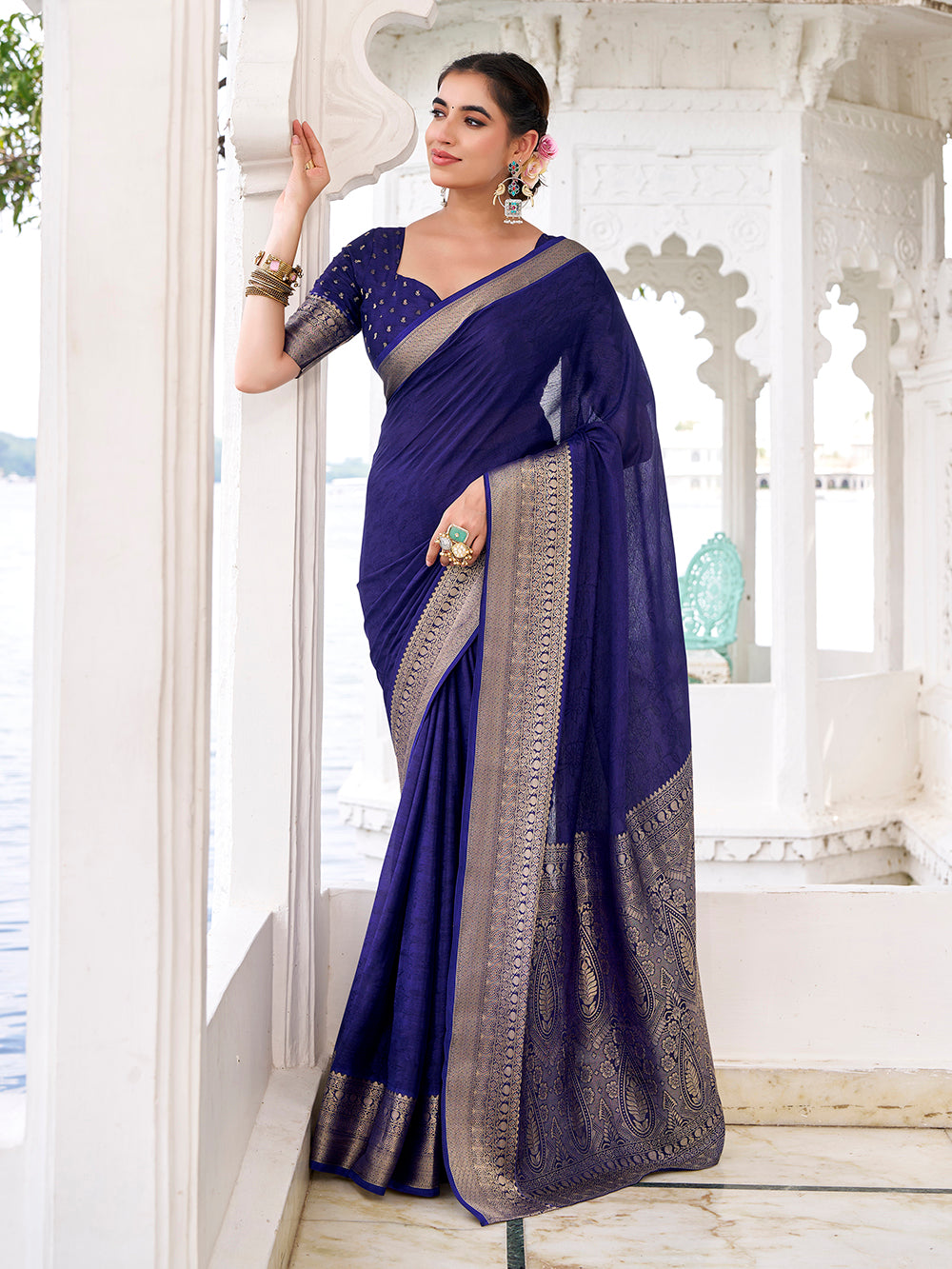 Navy Blue Color Self Printed With Zari Weaving Work Chinon Saree