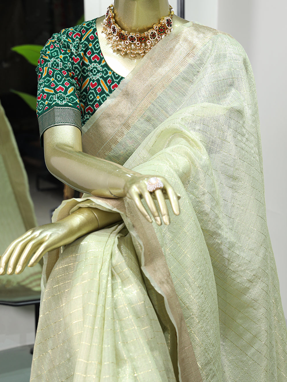 See Green Color Weaving Work Khadi Organza Saree