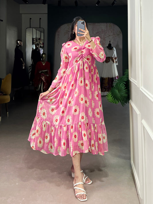 Pink Color Floral Print With Foil Work Marbel Fancy Frock