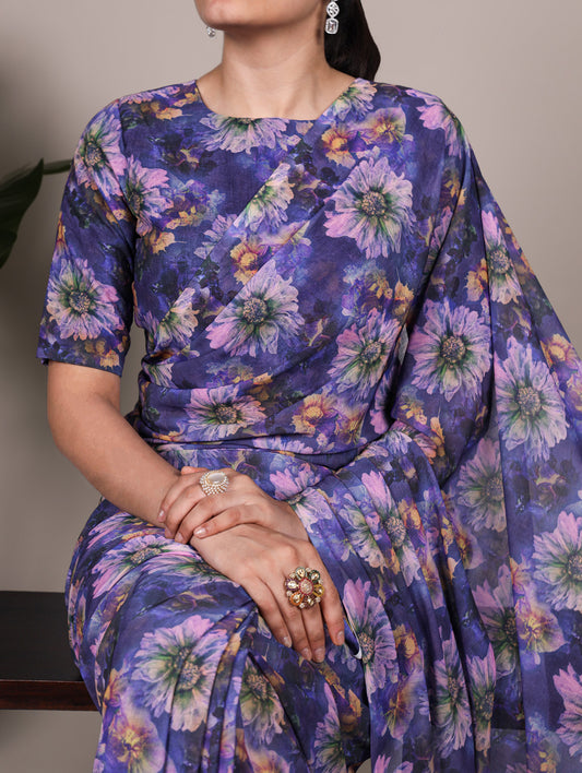 Onnin Color Floral Printed Weightless Marbel Saree