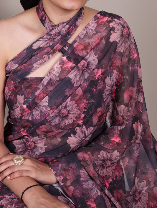 Purple Color Floral Printed Weightless Marbel Saree