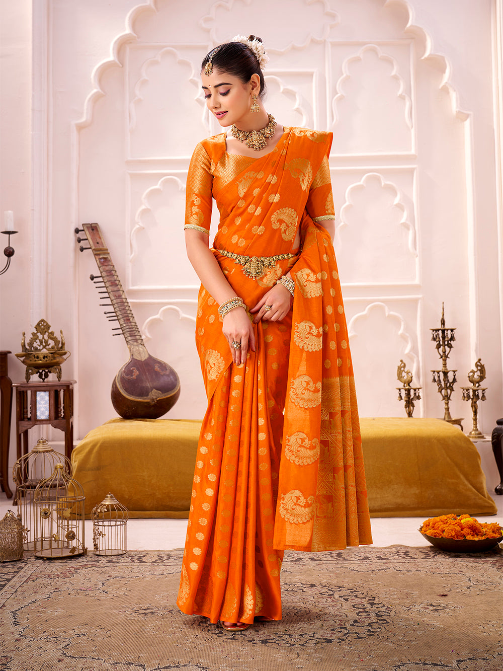 Orange Color Zari Weaving Work Roop Silk Saree