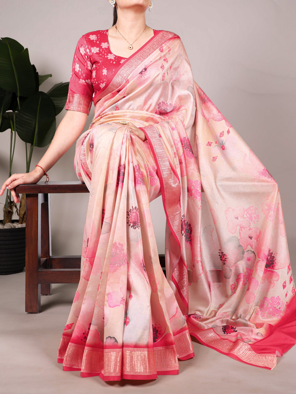 Peach Color Tussar Silk With Viscos Border Floral Printed Saree