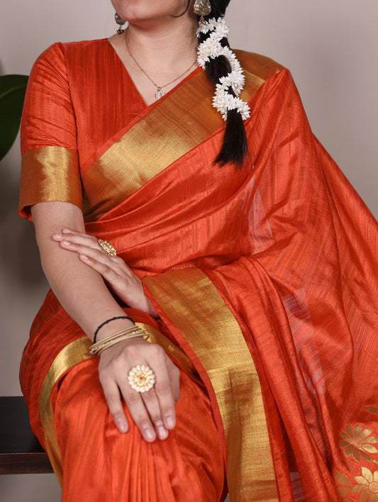 Rust Orange Color Zari weaving Work Raw Silk Saree