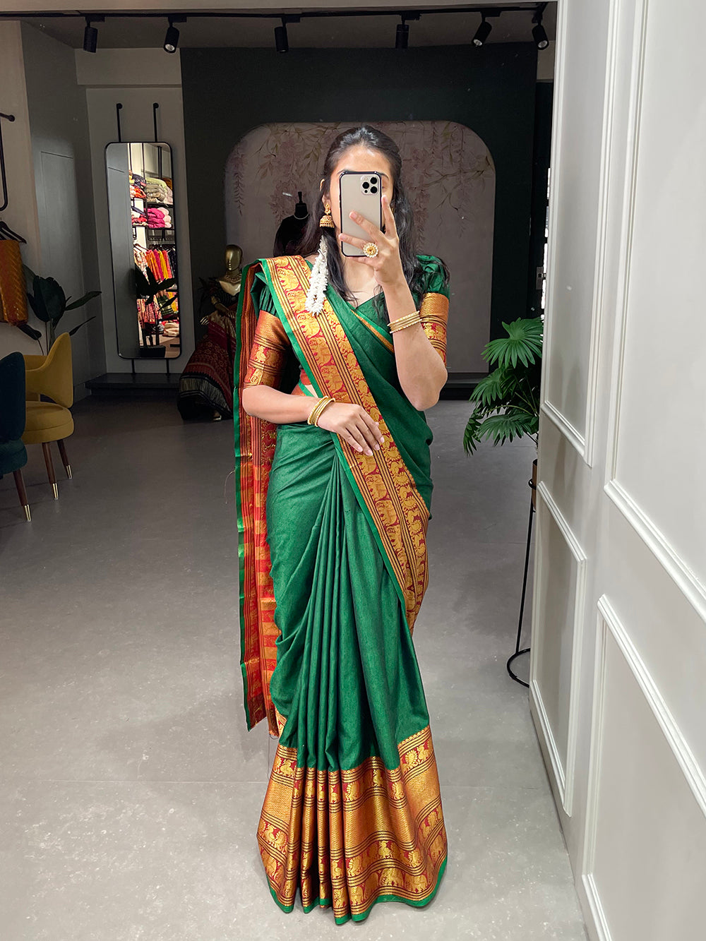 Green Color Zari Weaving Work Narayan Pet Saree