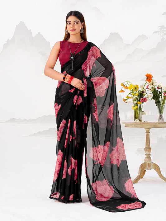 Black Color Floral Print with Lace Border Chiffon Saree