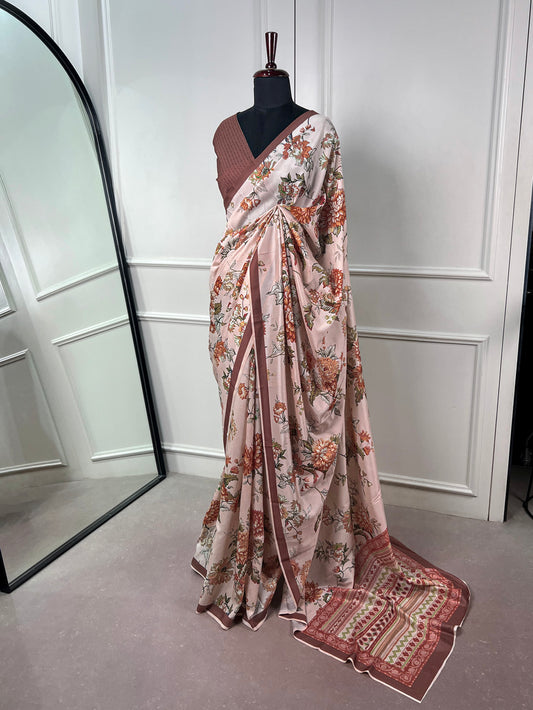 Women Wear Brown Color Printed Saree