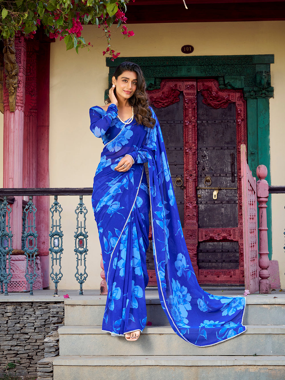 Blue Color Floral Printed Pearl Lace Border Chiffon Saree