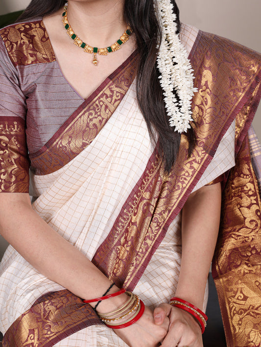 White Color Chex With zari Weaving Work Poly Cotton Saree