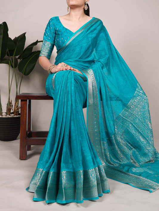 Firozi Color Self Printed With Zari Weaving Work Chinon Saree