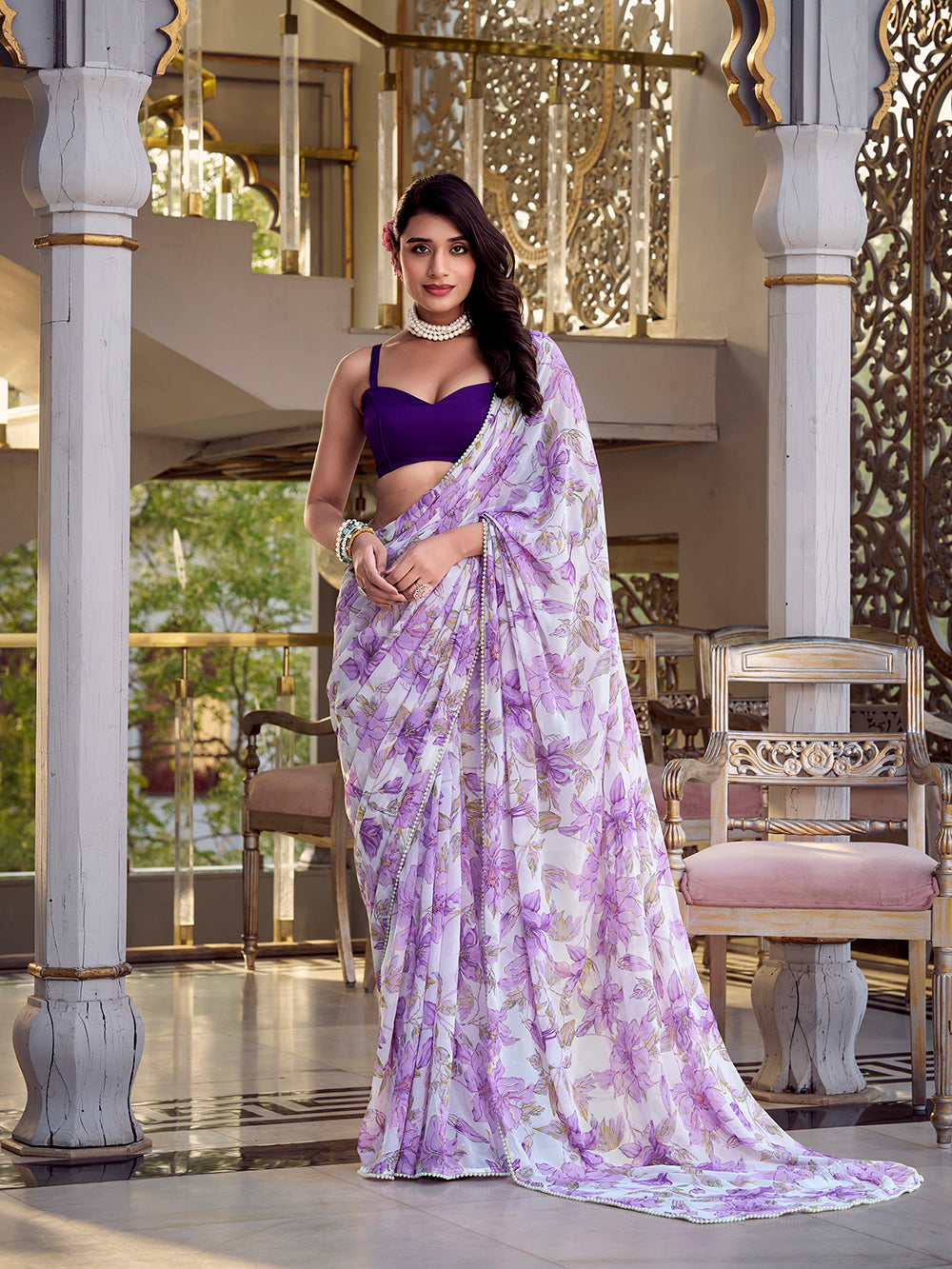Lavender Color Floral Print With Peral Lace Border Weightless Marbal Saree