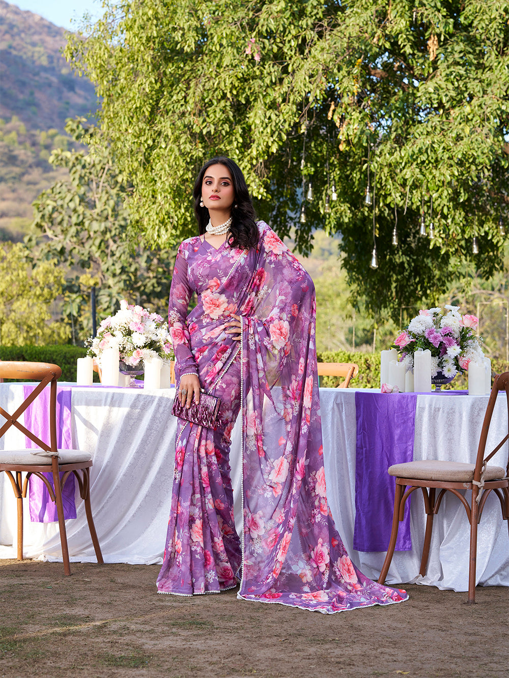 Onion Color Printed With Peral Lace Border Weightless Marbal