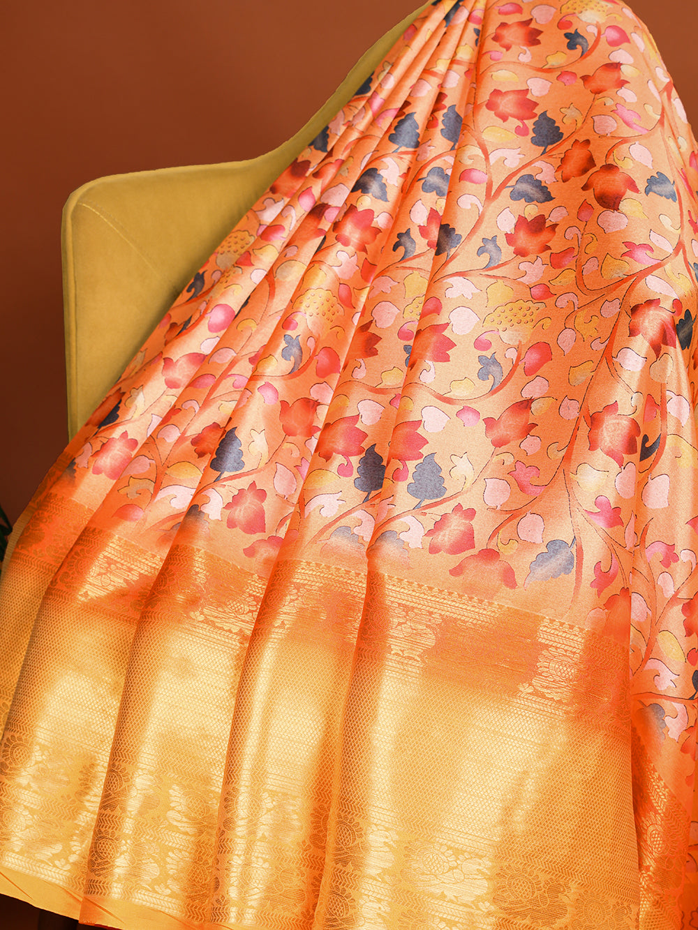 Orange Color Printed With Zari Weaving Work Dola Silk Saree
