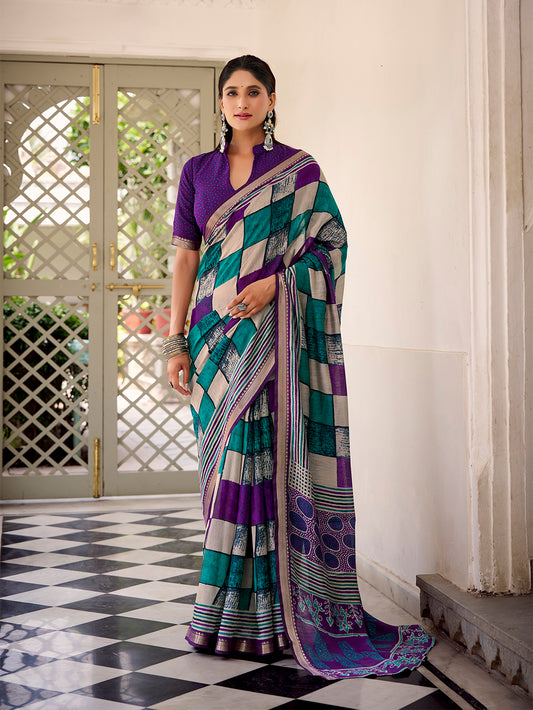 Purple Color Printed With Temple Border Polyester Viscose Chanderi Saree