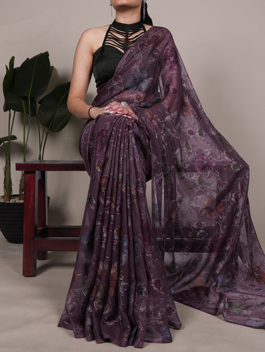 Wine Color Floral Viscose Lurex Brasso Saree