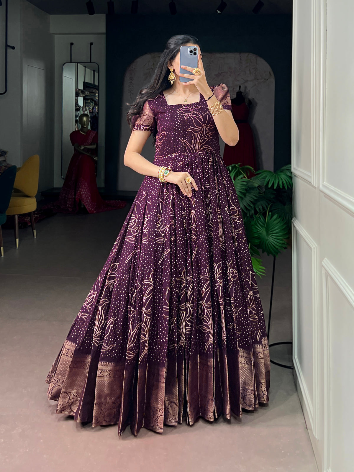 Kota Check Bandhej Print Long Gown For Women