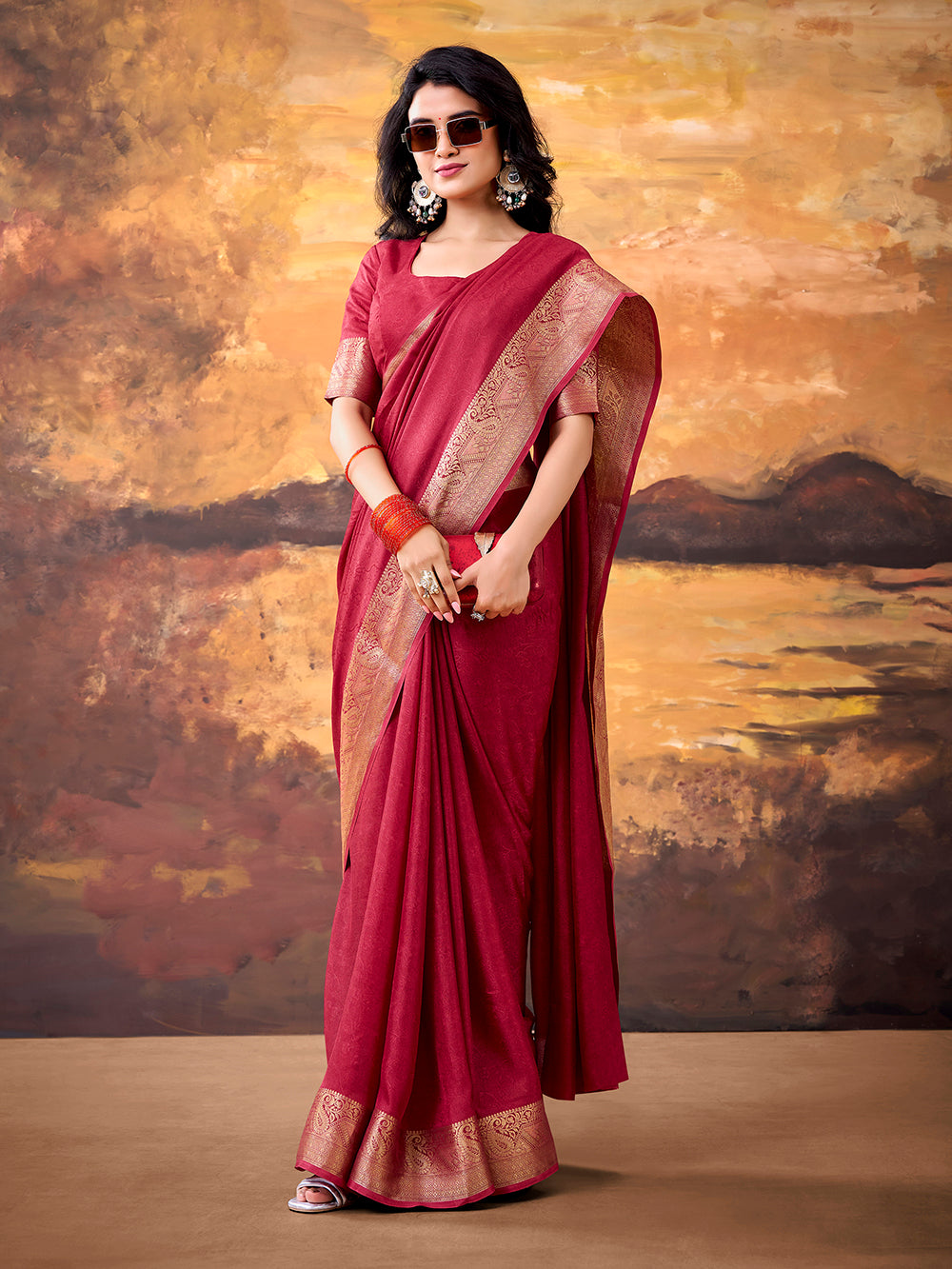 Crimson Color Zari Weaving Work Mass Mello Saree
